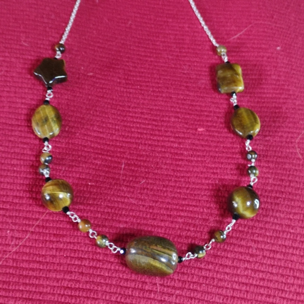 NWT- STERLING NECKLACE, NATURAL TIGER  EYE BEADING. 20-IN LONG. STERLING SILVER.